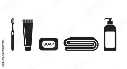 Black and white bathroom toiletries set.