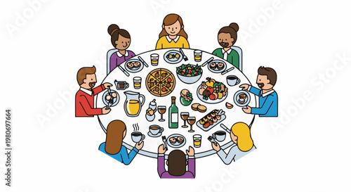 Diverse group enjoys a bountiful meal around a circular table