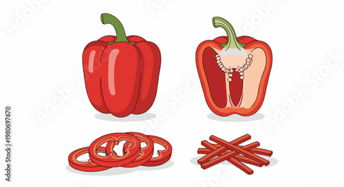 A whole red bell pepper, halved, sliced rings, and julienned strips
