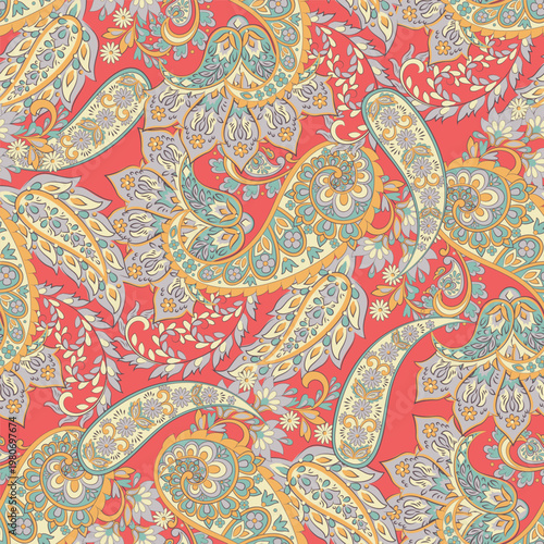 Seamless pattern based on traditional Asian elements Paisley. Traditional colorful seamless paisley vector pattern. Pattern for textile design or fabrics. Fashionable delicate design