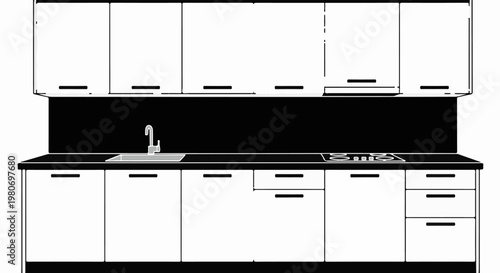 White kitchen cabinets, sink, and stovetop against a black backsplash