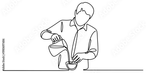 A single continuous line drawing of a person pouring liquid from a pitcher into a small bowl Vector, illustration
