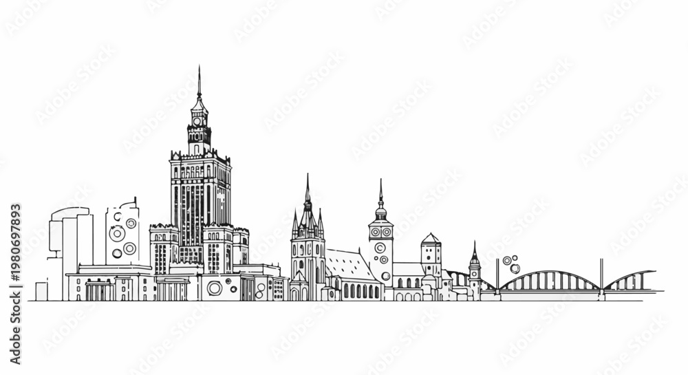 Naklejka premium Stylized ink sketch of a city skyline with diverse architectural styles