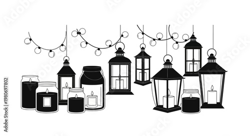 Black and white hanging lanterns outside.