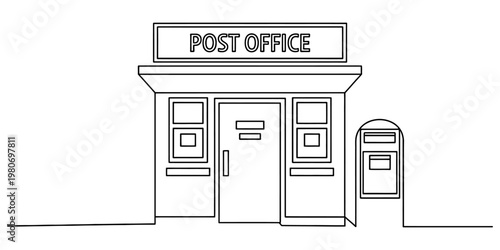 A simple black and white line drawing of a small post office building with a mail drop box nearby. Vector, illustration