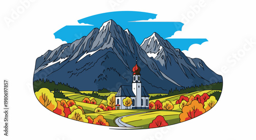 Autumnal mountain landscape featuring a church and vibrant trees