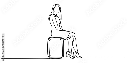 Minimalist continuous line drawing of a woman sitting on her suitcase ready for her next travel Vector, illustration