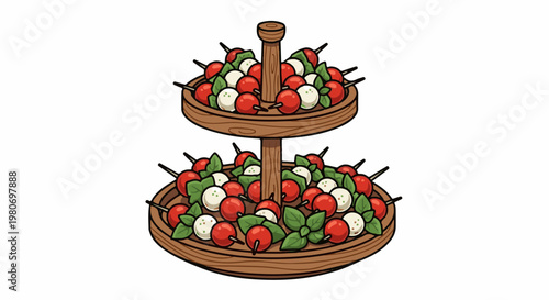 Two-tiered wooden stand overflowing with cherry tomato and mozzarella skewers