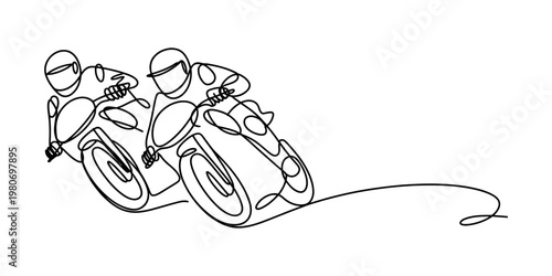 Continuous single line drawing of two motorcycle riders racing fast on a track in black and white Vector, illustration