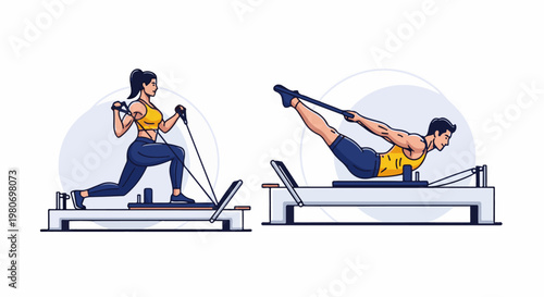 Two individuals performing Pilates exercises on reformers using resistance bands
