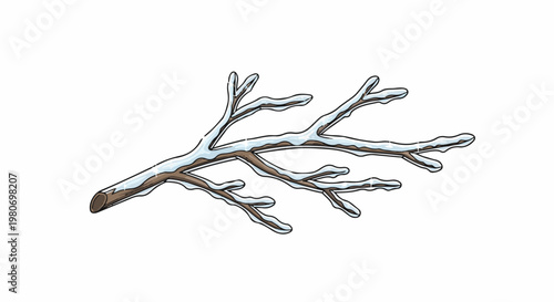 Brown tree branch covered in snow, cartoon style illustration