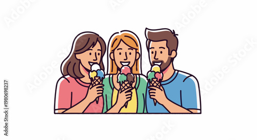Three people are happily eating ice cream cones on a white background