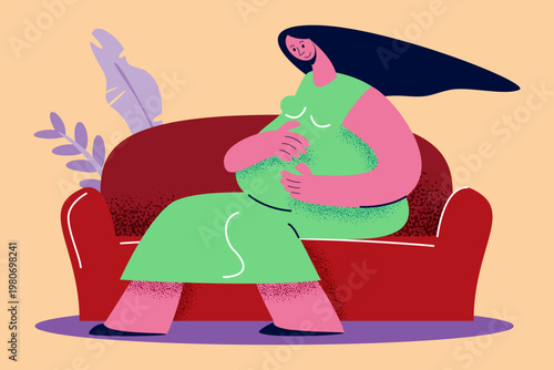 A pregnant woman in a green dress sitting comfortably on a red sofa, touching her belly. Corporate Memphis style vector illustration for prenatal care and motherhood.