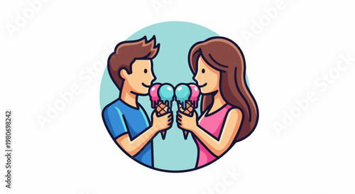 Couple shares colorful ice cream cones, melt drips, soft blue circle background
