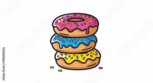 Three colorful iced doughnuts stacked atop each other