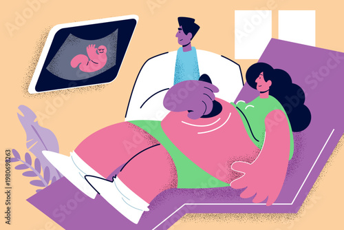 A doctor performing an ultrasound checkup for a pregnant woman in a clinic. Corporate Memphis style vector art showing medical technology and prenatal monitoring.