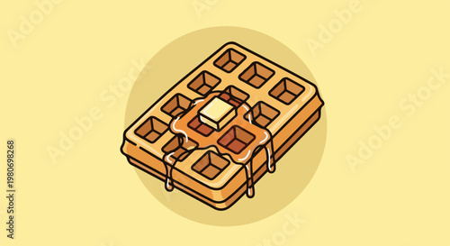 A golden-brown waffle with melted butter and syrup