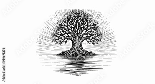 Intricate, bare tree with radiating lines and reflection in water