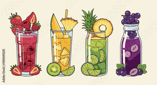 Four colorful, refreshing, fruit-filled beverages in glass containers