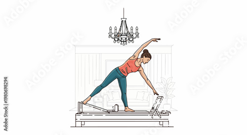 Woman in sportswear performs a Pilates move on a reformer machine