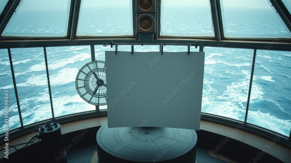Fototapeta premium Ship bridge interior. Blank screen dominates view, ocean visible through windows. Navigation equipment present. Calm, cool tones.