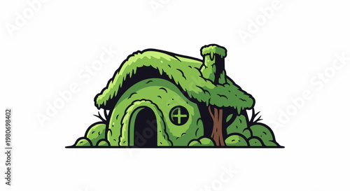 A whimsical green hobbit-like home nestled in nature