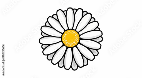 A stylized white daisy with a yellow center sits on a white background