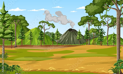 A cartoon illustration of a volcanic landscape with trees and a smoking volcano.