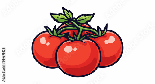 Fresh red tomatoes on a vine with green leaves and highlights