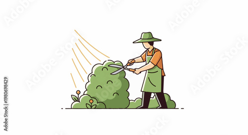 Gardener trimming bushes with shears under the sun