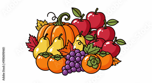 A colorful illustration of autumn fruits and vegetables with autumn leaves
