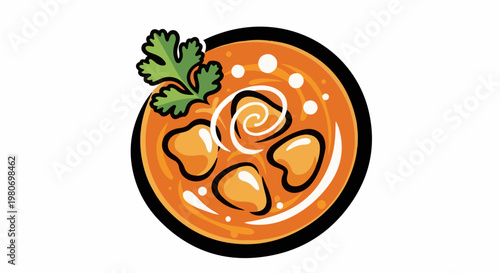 Whimsical cartoon illustration of a bowl of savory stew garnished with herbs