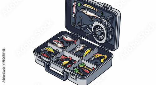 An open tackle box displays an assortment of colorful fishing lures and gear
