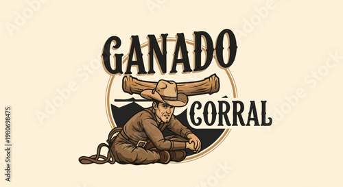 Rugged cowboy sits with lasso and hat, framed by logs and mountains