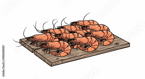 Many cooked shrimp arranged on a wooden board