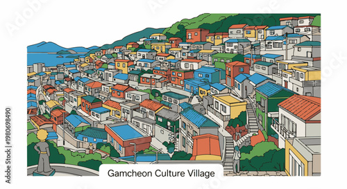 Colorful hillside village overlooking the sea with a small statue