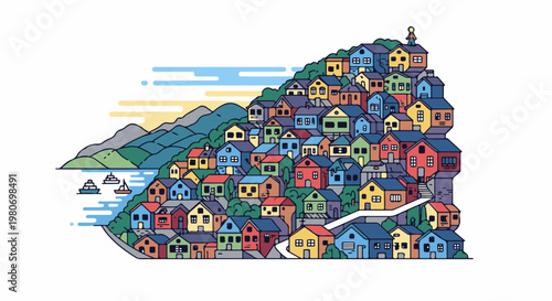 Colorful houses clustered on a hillside overlooking a calm bay with boats