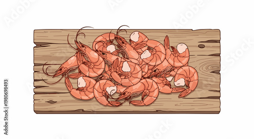 Pile of cooked shrimp on a wooden plank