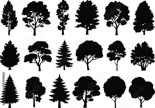 Collection of black tree silhouettes with varied shapes and foliage white nature