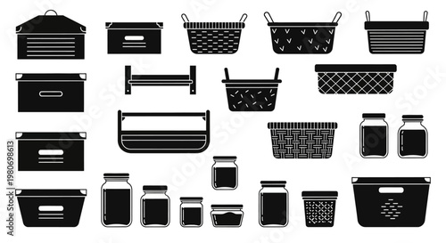 Black plastic storage baskets and containers.