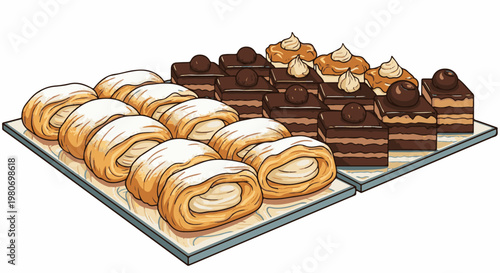 A platter of sweet pastries, including cream-filled rolls and chocolate squares