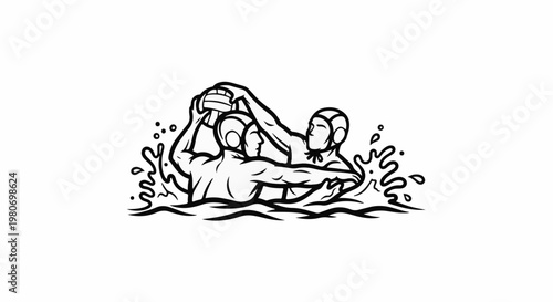 Two stylized figures in a pool playing water polo
