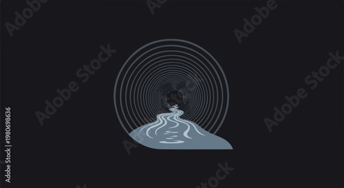 Stylized river flowing into a concentric circular tunnel