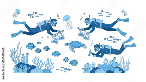 Underwater Exploration: A captivating illustration showcases scuba divers meticulously exploring a vibrant coral reef, accompanied by an array of marine life in a stunning underwater tableau.