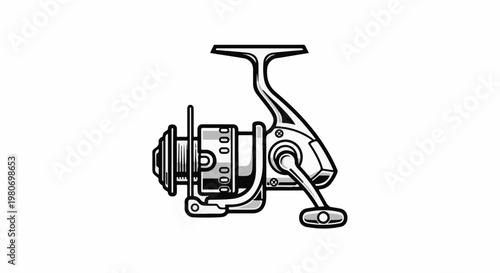 Black and white illustration of a spinning fishing reel with detailed components