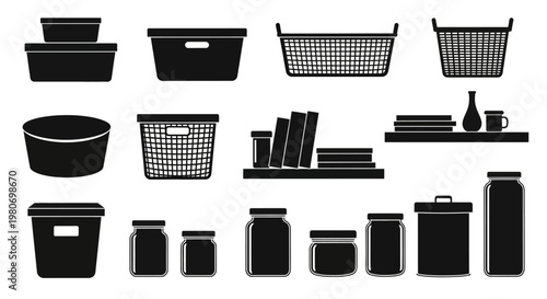 Black plastic storage containers and baskets.