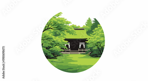 Serene Japanese temple nestled amidst lush green foliage