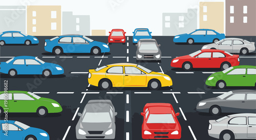 Busy city street with colorful cars in traffic lanes