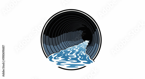 Illustration of water flowing out of a dark, ribbed tunnel into light