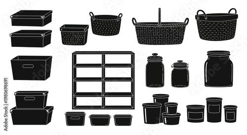 Black plastic storage containers and baskets.